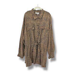 VTG August Max 3X Leopard Print 100% Silk Blouse Long Sleeve Drawstring Waist